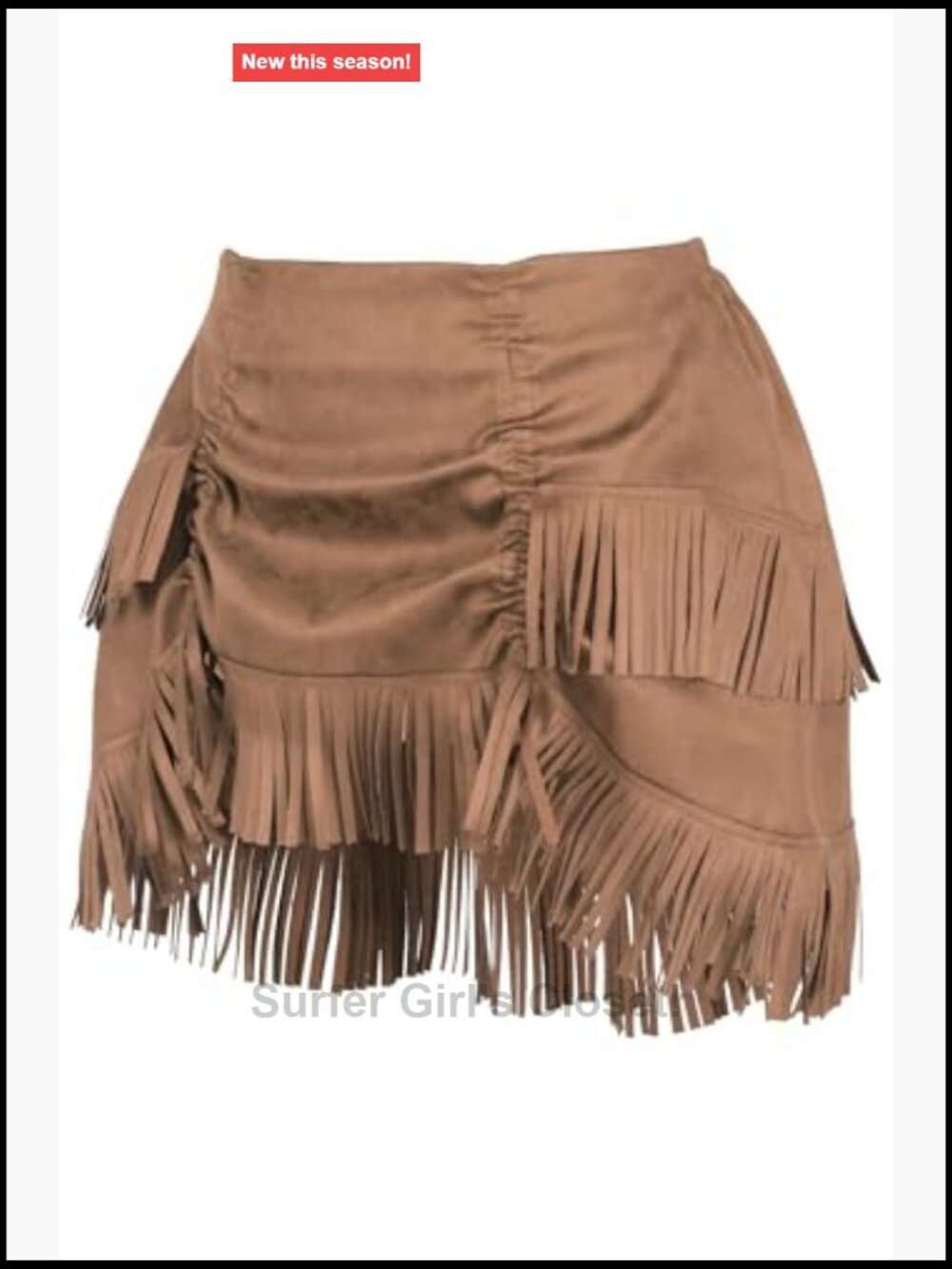 Suede Fringe Mini Skirt Drawstring Bustle Western Cowgirl - Picture 2 of 3